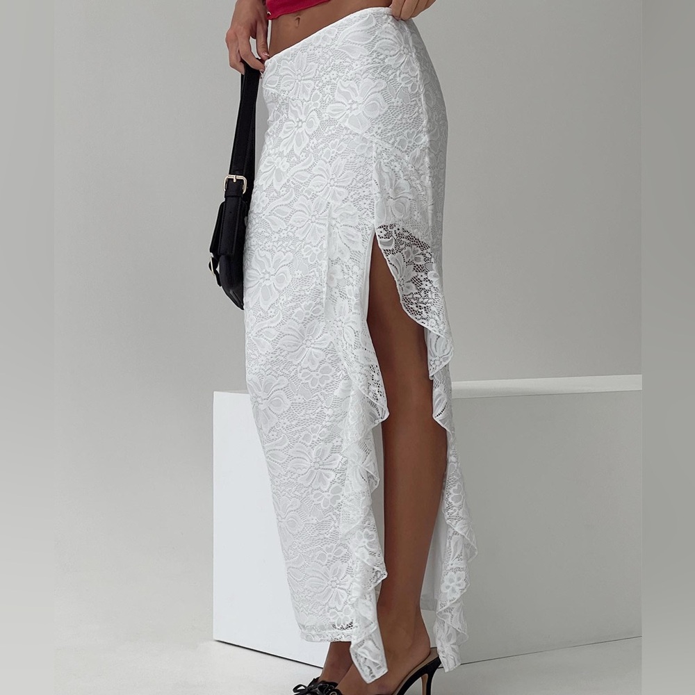 Princess Polly White Lace Maxi Skirt with Ruffle Side Slit